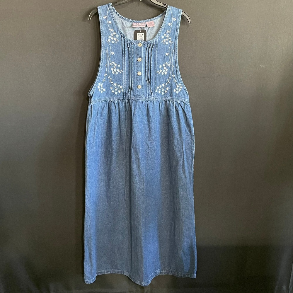 Vintage Premier International Denim Jumper Dress Womens L Blue Embroidered Midi